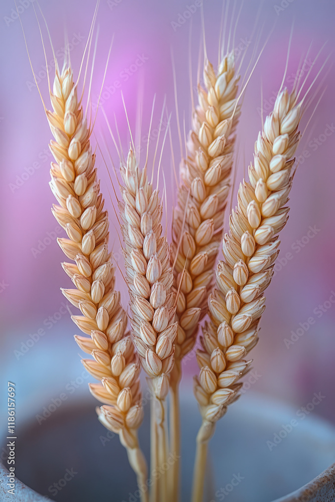Poster Macro shot of two intertwined wheat ears, with a subtle candy-colored gradient fading across the backdrop,