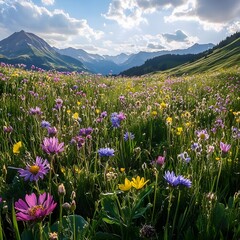 Obraz premium Vibrant Wildflower Field with Mountain Backdrop and Scattered Clouds