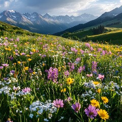 Obraz premium Vibrant Wildflower Field with Mountain Backdrop and Scattered Clouds