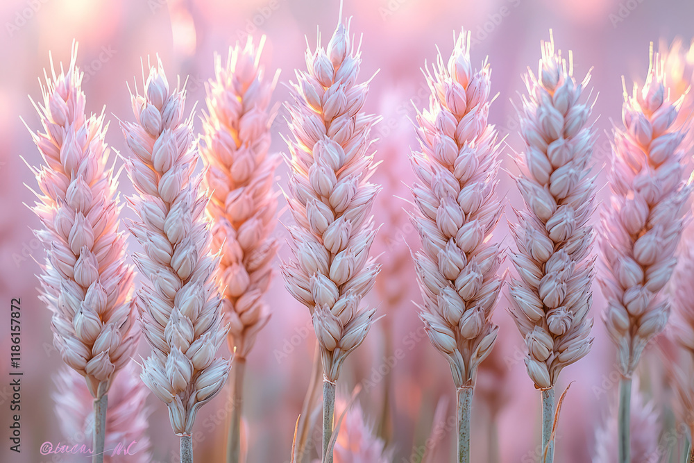 Poster layers of wheat spikes overlapping, captured in warm evening light with a subtle pink-blue haze in t