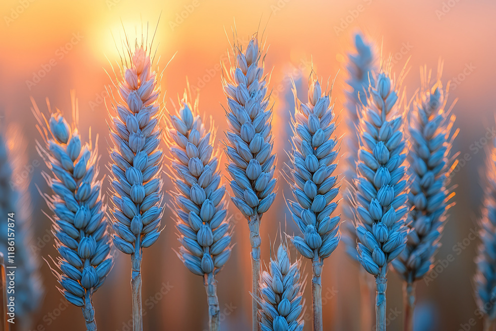 Poster layers of wheat spikes overlapping, captured in warm evening light with a subtle pink-blue haze in t