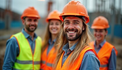 Smiling construction workers wear orange helmets and safety vests on a construction site. Teamwork and safety are highlighted. Group of diverse builders are at work. They are happy and pro.