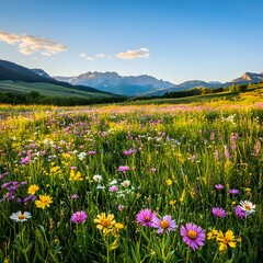 Obraz premium Vibrant Wildflower Field with Mountain Backdrop and Scattered Clouds