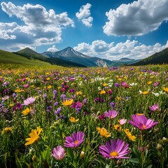 Fototapeta premium Vibrant Wildflower Field with Mountain Backdrop and Scattered Clouds