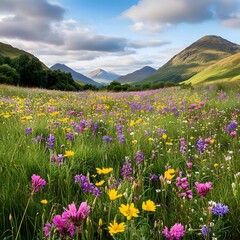 Fototapeta premium Vibrant Wildflower Field with Mountain Backdrop and Scattered Clouds