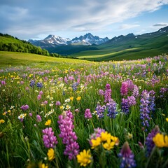 Obraz premium Vibrant Wildflower Field with Mountain Backdrop and Scattered Clouds