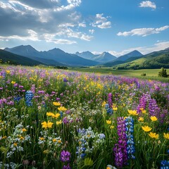 Obraz premium Vibrant Wildflower Field with Mountain Backdrop and Scattered Clouds