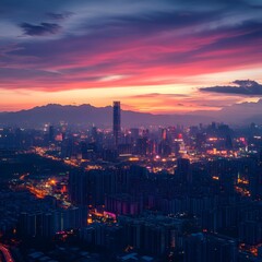 Fototapeta premium Vibrant Sunset Over Iconic City Skyline