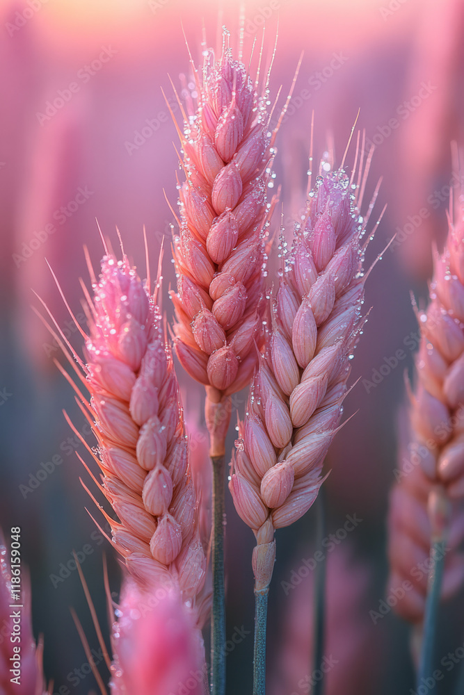 Poster macro capture of dew-kissed wheat kernels, with a hazy pastel sky transitioning from blush to faint 