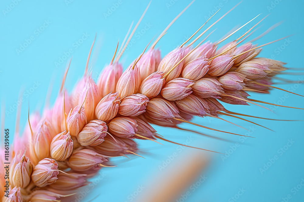 Aufkleber Minimalistic side view focusing on a single wheat kernel detail, drifting on a gradient from soft peach to gentle sky-blue,