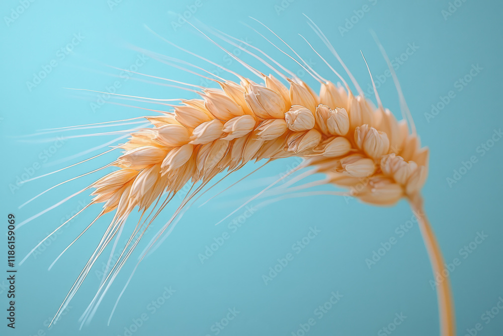 Aufkleber Minimalistic side view focusing on a single wheat kernel detail, drifting on a gradient from soft peach to gentle sky-blue,