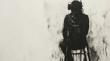 Charcoal sketch of person sitting on stool, seen from behind.