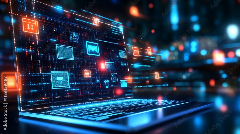 Poster cybersecurity digital data protection network: laptop screen displaying futuristic interface
