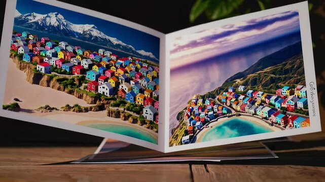 Open travel catalog showcasing vibrant images of colorful coastal villages and scenic landscapes