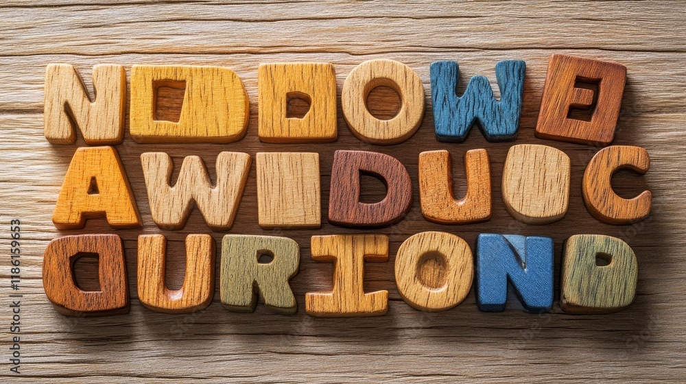 Poster wooden blocks arranged in a creative pattern with letters on a wooden surface