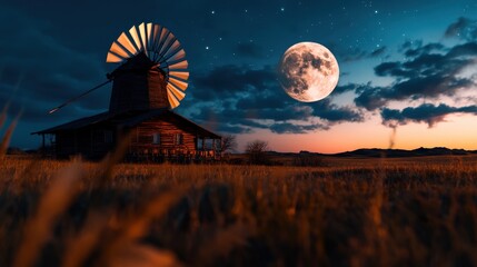 A captivating scene of a rustic windmill set against a dramatic twilight sky, bathed in moonlight, perfect for evoking feelings of tranquility and nostalgia in viewers.