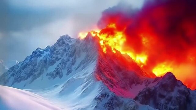 A split-screen of a snowy mountain under a fiery sky