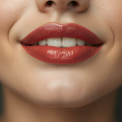 Fototapeta premium Close-Up of Young Woman's Beautiful Plump Lips with Nude Glossy Red Lipstick. Generative AI.