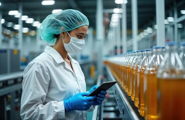 Female worker in protective wear inspects beverage bottles on conveyor belt. Uses tablet for quality control in modern beverage factory. Automated production line, quality control measures visible.
