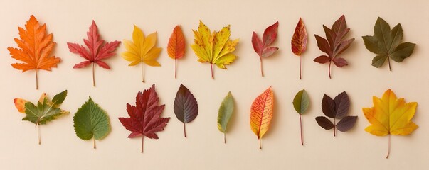 Autumn leaves, colorful foliage arranged on a soft beige background, showcasing a variety of shapes and textures, reflecting the beauty of nature