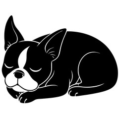 boston terrier dog black silhouette vector, dog sleeping vector, Simple silhouette Design vector icon with white background.