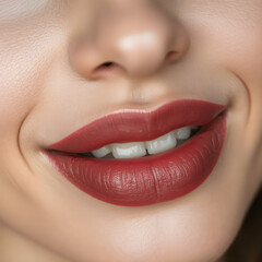 Naklejka premium Close-Up of Young Woman's Beautiful Plump Lips with Nude Glossy Red Lipstick. Generative AI.