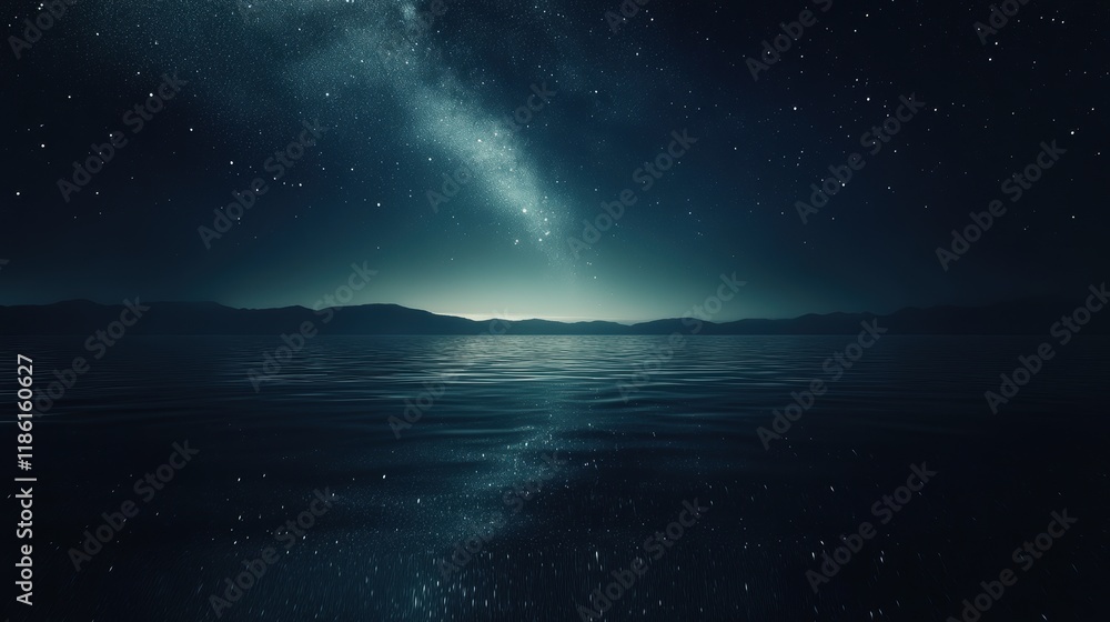 Wall mural a starry night sky reflected in a calm ocean with distant mountains
