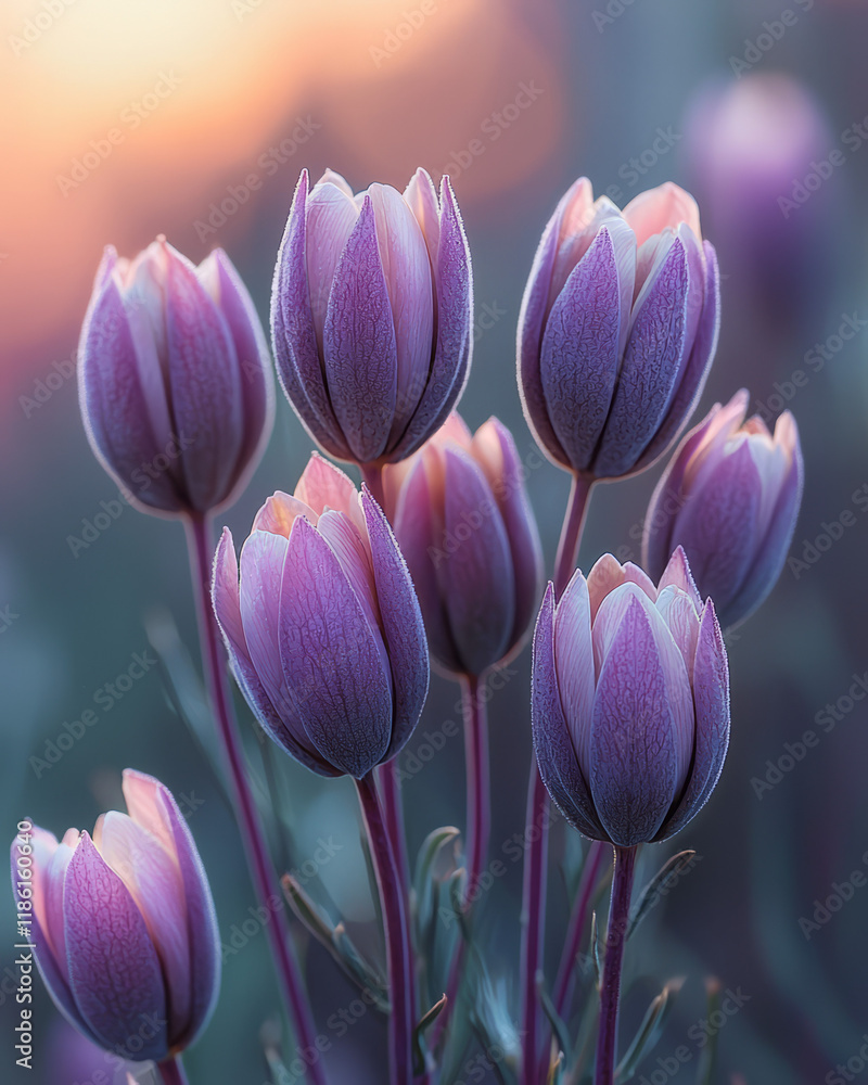 Poster breezy shot of multiple pale violet buds, gently emerging from a warm field of bokeh-laden spring gr