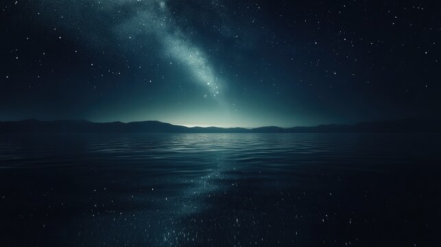 A starry night sky reflected in a calm ocean with distant mountains