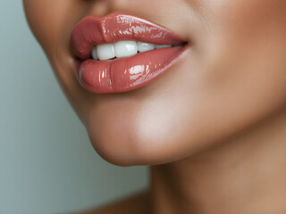 Fototapeta premium Close-Up of Young Woman's Beautiful Plump Lips with Nude Glossy Pink Lipstick. Generative AI.