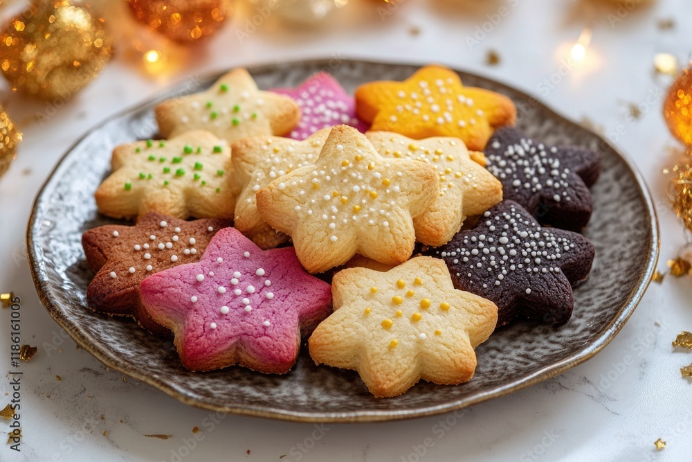Poster plate of cookies with different colors and shapes. the plate is on a white background. the cookies a