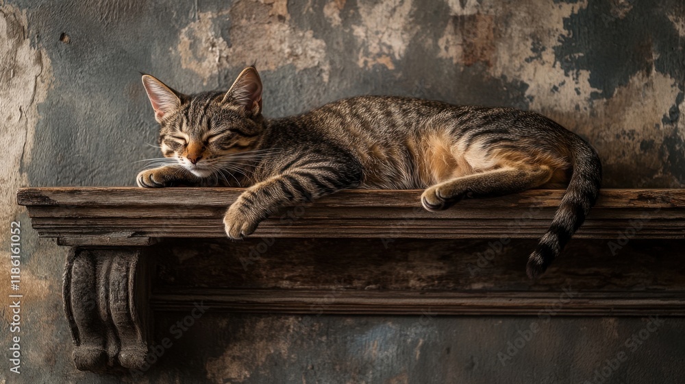 Poster relaxed tabby cat lounging on rustic shelf with textured wall