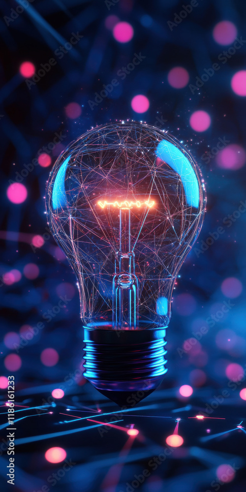 Poster futuristic network light bulb with glowing filament in digital grid background