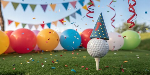 Golf themed celebration event with golf ball on tee wearing party hat and blow out streamers