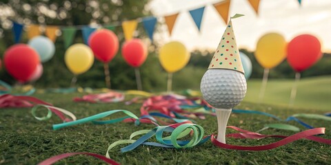 Golf themed celebration event with golf ball on tee wearing party hat and blow out streamers