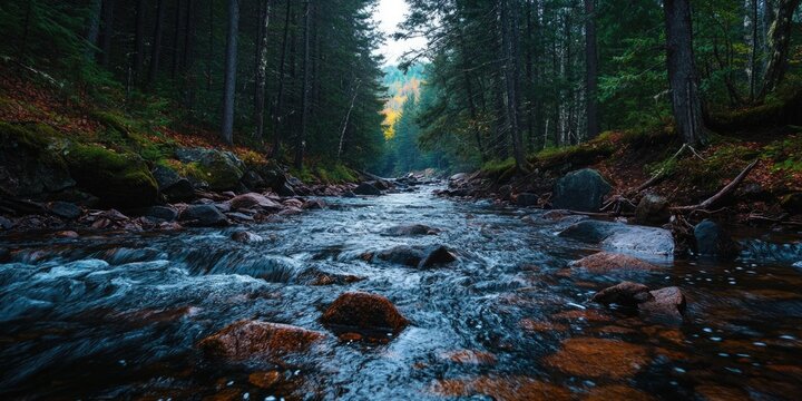 A misty autumn forest stream with vibrant fall colors. Hiking and nature photography destination.