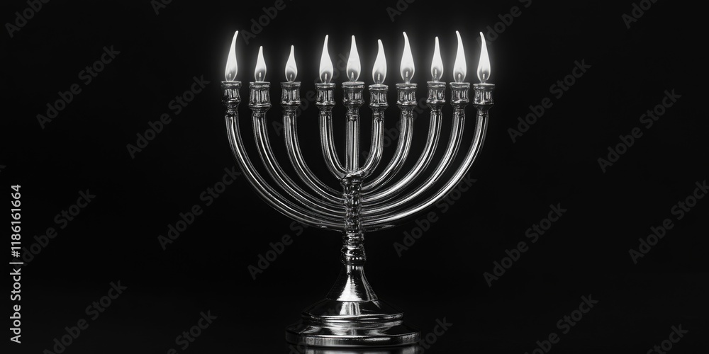 Poster beautiful menorah with lit candles on it. the candles are lit up and the menorah is shining brightly