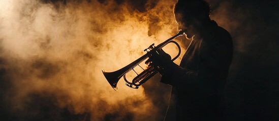 Silhouette of a musician playing trumpet in smoky stage lighting.