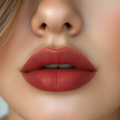 Obraz premium Close-Up of Young Woman's Beautiful Plump Lips with Nude Glossy Red Lipstick. Generative AI.