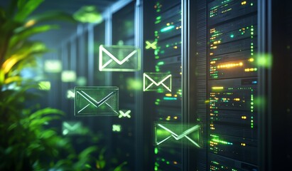 Email server room, digital messages, technology, data center.