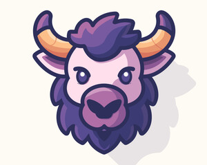 Fototapeta premium Cartoon bull with horns and a purple face. The bull has a big mouth and is looking at the camera