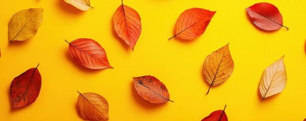 Obraz premium Autumn leaves on a vibrant yellow background, creating a warm and cheerful atmosphere with their rich golden colors, evoking feelings of nature s beauty and seasonal change