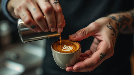 Barista hands, with intricate tattoos visible, carefully making latte art on a cup of coffee