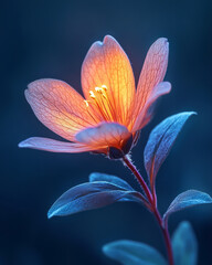 A single, slender stem shining under subtle indigo neon, drifting away into a gentle saffron blur,