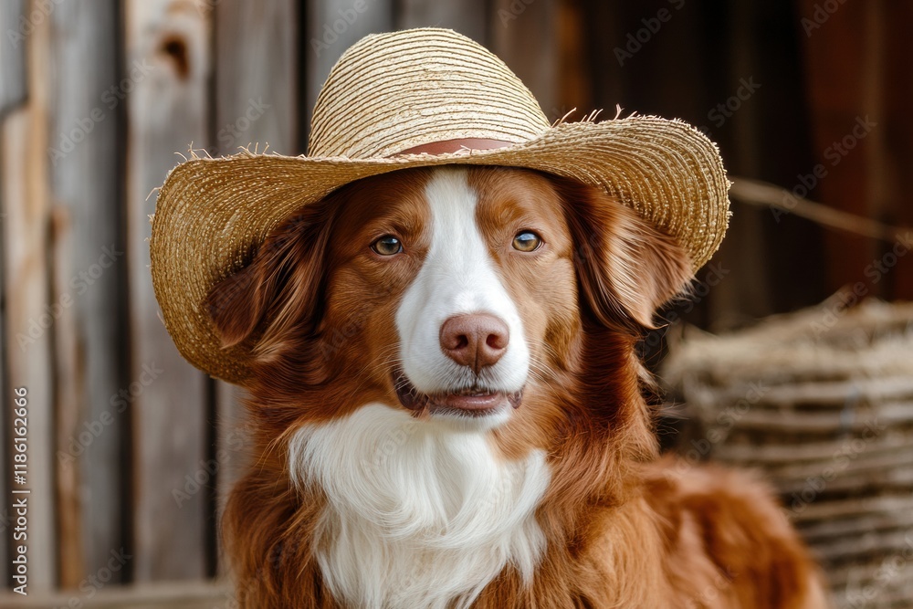 Poster dog with a straw hat enjoying a sunny day on a rustic farm with wooden structures and hay bales in t