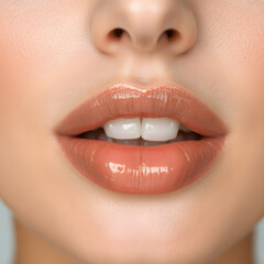 Close-Up of Young Woman's Beautiful Plump Lips with Nude Glossy Pink Lipstick. Generative AI.