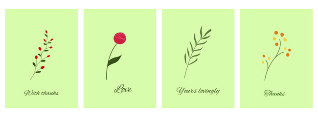 Set of postcards with garden flowers. Delicate flowers and leaves. Botanical greeting cards with captions