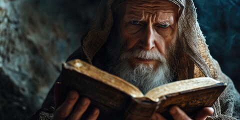 A venerable sage in a mystic setting, engrossed in an ancient tome of arcane lore.