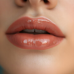 Close-Up of Young Woman's Beautiful Plump Lips with Nude Glossy Pink Lipstick. Generative AI.