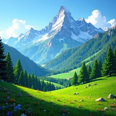 Obraz premium Majestic mountains under clear blue skies with a carpet of green foliage, scenery, forest, green